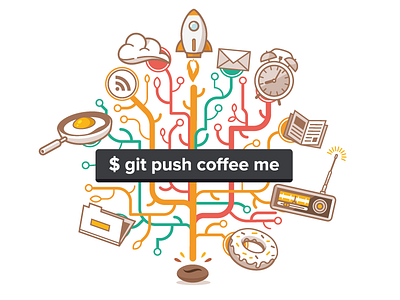 Git Push Coffee Me - Mug Illustration cloud coffee donut egg folder git illustration mug radio rocket tower vector