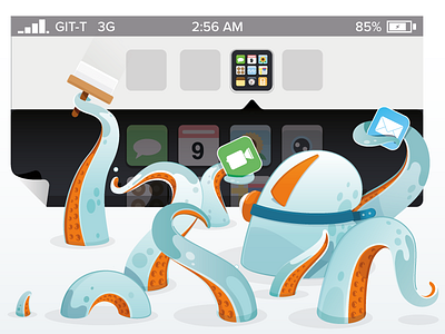An Illustrated History of iOS °4 / iOS 4 an illustrated history of ios apple apps aro character design fournova illustration macos octopus tower vector