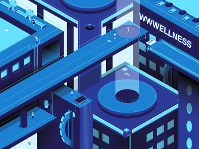 WWWellness Center blue buildings center future illustration isometric layers modern shapes structures wellness