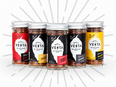 New Vesta Packaging black branding chile design dry hot sauce jar packaging red vesta yellow