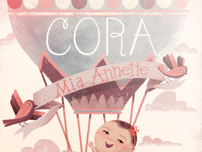 World, meet Cora! baby girl birds birth announcement bunting flying hot air balloon