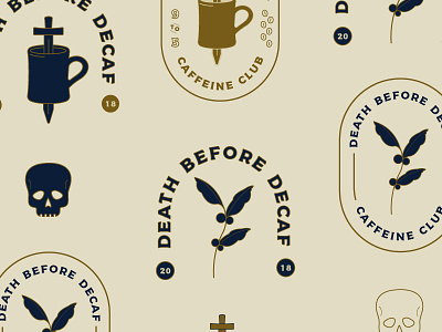 Death Before Decaf badge branding coffee plant skull sword