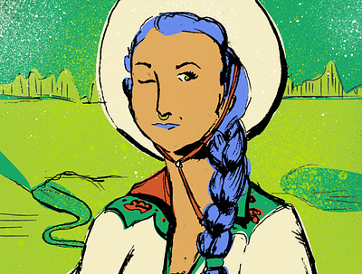 Rhinestone Cowgirls | Mona Lisa blue hair braids cowgirl davinci green illustration modern mona lisa portrait printshop remix renaissance rhinestone sketchy