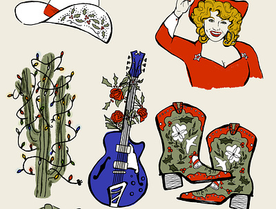 Country Christmas Stickers | Dec 2020 recap cactus christmas christmas cactus christmas lights country music cowboy boots cowboy hat cowgirl desert dolly parton green gretsch guitar red