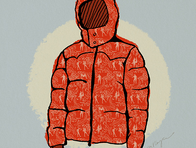 Nude Hiker Toile Puffer down coat fashion funny gorpcore nude hiker nudes outdoor fashion pattern puffy jacket red red coat