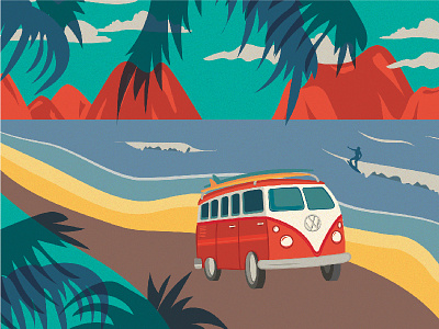 Surfs Up! beach coast coastline illustration label design mountains ocean surfing surfs up vanlife vintage vw van