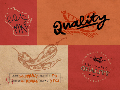 Quality branding handdrawn icon illustration jerky logo meat sticks packaging small batch sriracha stamp typography