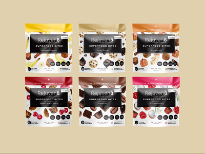 Rejuven8 banana leaf cherry cinnamon cookie dough food package food packaging food packaging design mocha package design package mockup pumpkin raspberry snack packaging superfood bites watercolor art watercolor food watercolor illustration