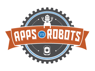 Apps vs Robots Logo app apps cartoon flat gear gray illustration logo orange retro robot robots