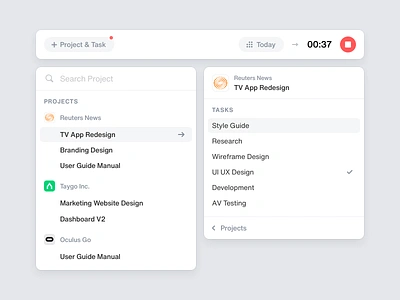 Tack - Time Tracker clean component dropdown list options popover projects selector timer tracker ui ux widget