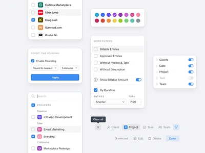 Tack: Filter Components clients dropdown filter filter drop projects swatches tack time tracker timesheets timetracking ui ux