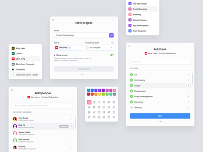 Tack - New Project Flow add task b2b clean client color picker custom icon dashboard icon picker invite invite people modal people profile project project template stats task template ui ux