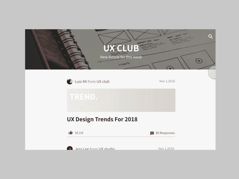 Blog with progress indicator blog club concept flinto gif interaction progress progressindicator scroll ui ux web website