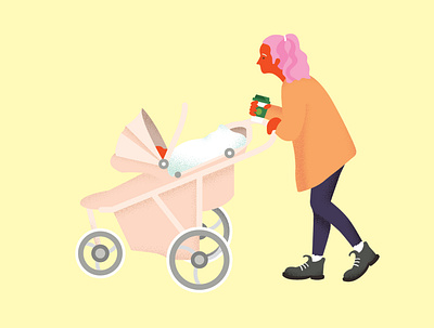 waiting drinking coffee female girl mom standing stroller waiting woman