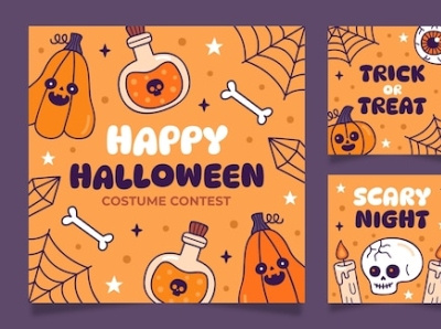 Hand drawn vintage halloween instagram posts collection