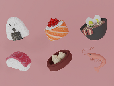 Asian Food 3d 3dblender asia blender blender3d blenderrender food illustration nigiri onigiri ramen shrimp