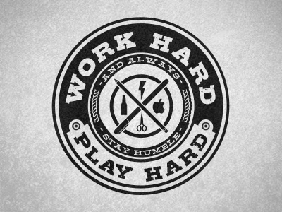Work Hard, Play Hard logo typography apple retro scissors beer texture black and white stamp seal badge