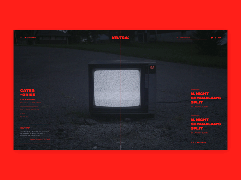 Neutral Magazine landing page animation editorial full screen interaction landing page magazine neon red retro scroll student transition