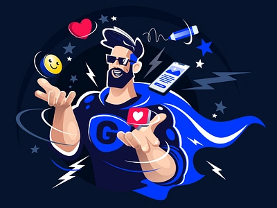 Superhero app branding charaster design digital illustration juggler logo man marketing superhero ui ux vector