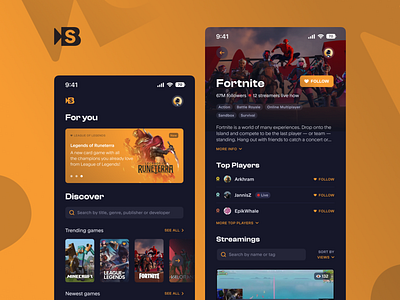 StreamBuddy: Gaming and Streaming App + Logo app app design card discover follow followers for you games ios list mobile app product design search see more sort stream streaming twitch ui videogames