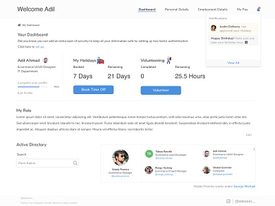 Internal Dashboard active directory business colleague colleagues corporate dashboard holidays internal pay ui ux volunteering website