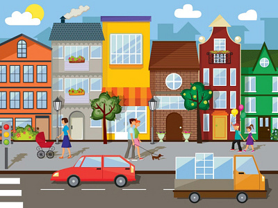 Summer City Illustration architecture car children city dog flat people shop street summer tree