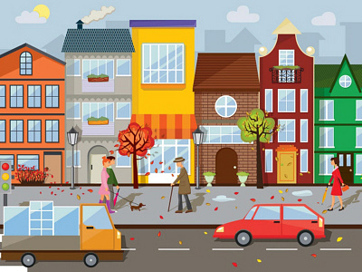 Fall City Illustration architecture car children city dog fall flat people shop street tree