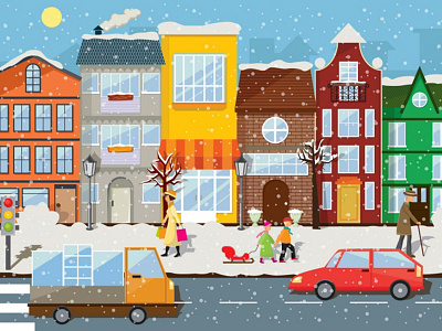 Winter City Illustration architecture car children city dog flat people shop street tree winter