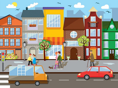 Spring City Illustration architecture car children city dog flat people shop spring street tree