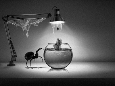 Shark or Spider abstract attack black and white composition concept dangerous fish journey lamp life lifeless lonely shark spider spiders treat trick twist water bowl web