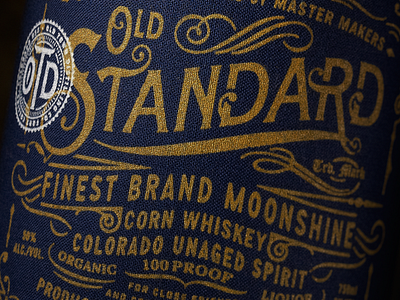 Old Standard Moonshine alcohol design gold label lettering liquor moonshine package design packaging spirit texture vintage
