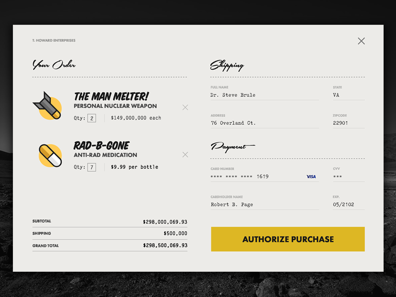 Nuclear Weapon Checkout Page - #DailyUI 002 fallout nuclear weapon credit card check out checkout ui daily dailyui