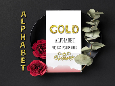 Gold Alphabet Letters. Glitter 3D effect with shadow