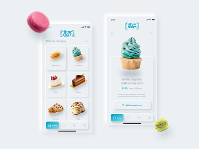 Cakes Shop UI cakes catalog category concept cupcakes delivery food food app macaron mobile neomorphism product product card shop ui