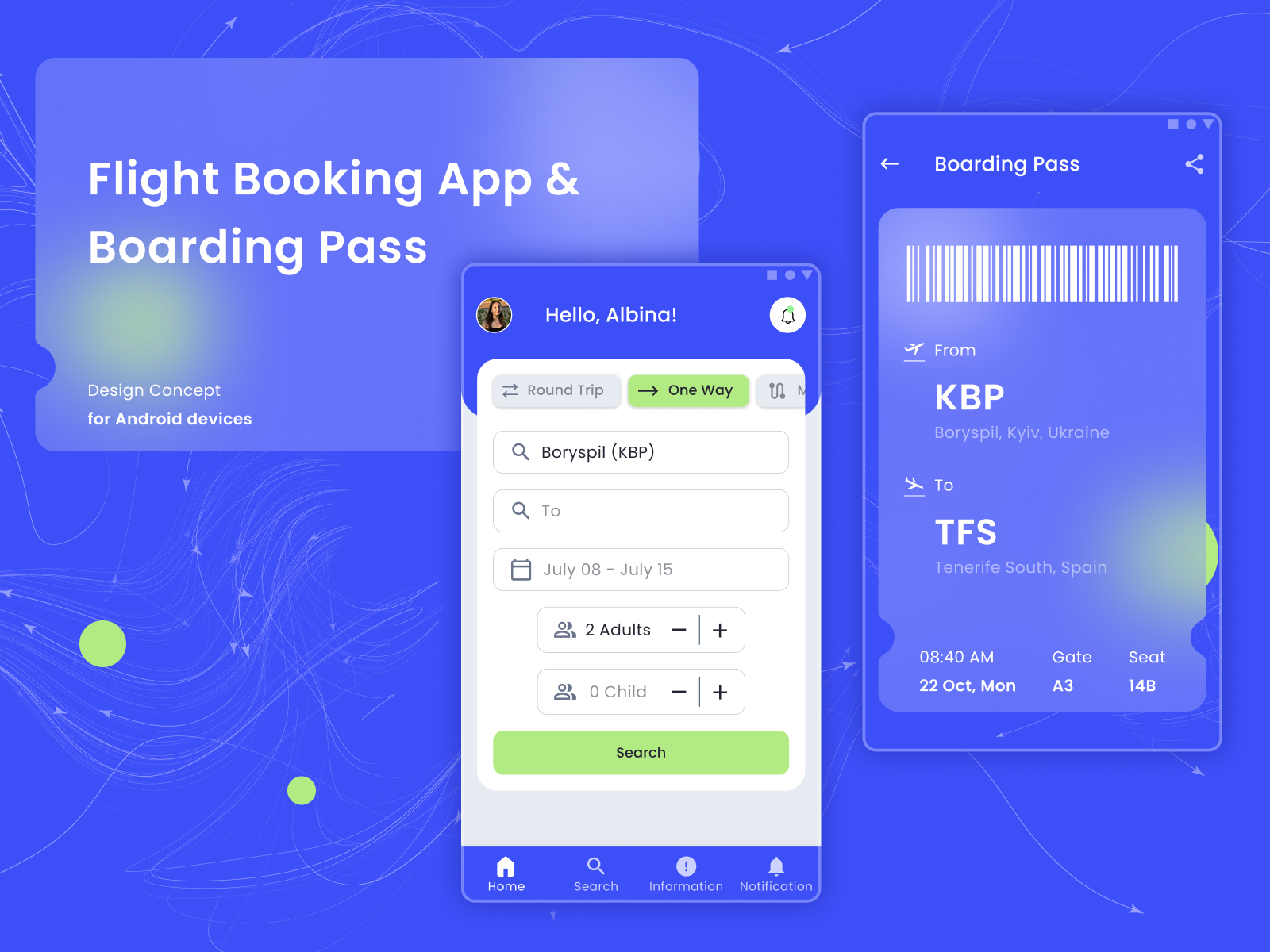 Flight Booking App & Boarding Pass for Android by Tatiana Dudik on Dribbble