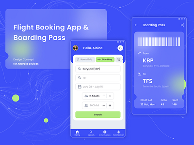 Flight Booking App & Boarding Pass for Android airport android android app app design avia ticket boarding pass concept destination flight boarding app flight ticket journey material design route