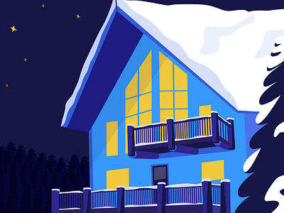 Wintery Cabin in the woods cabin forest illustration night vector winter