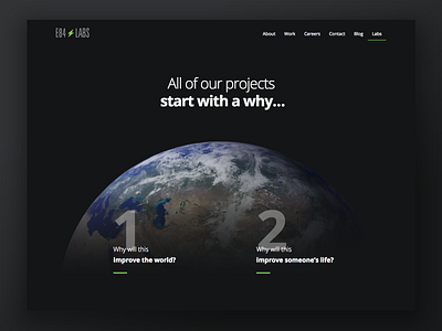 E84 Labs Website dark theme earth element 84 improve the world labs landing page minimal science web website