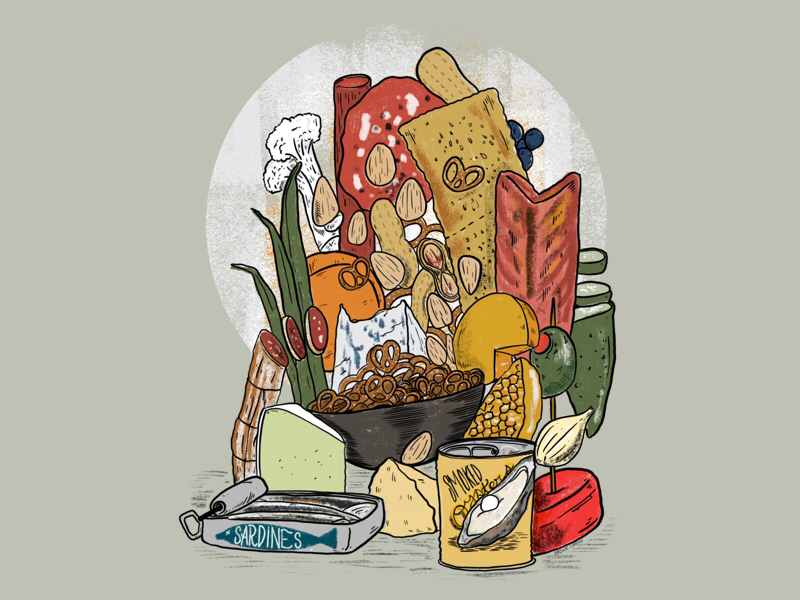 Artisan Spirit Magazine, Elevated Bar Snacks food illustration food editorial illustration illustration