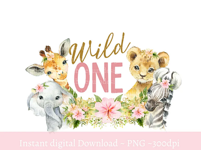 Girls Wild One Baby Safari Animals In Flower Crowns PNG 3d animation app branding design graphic design illustration logo motion graphics typography ui ux vector