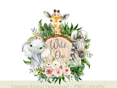 Wild One Baby Safari Animals Log Slice PNG