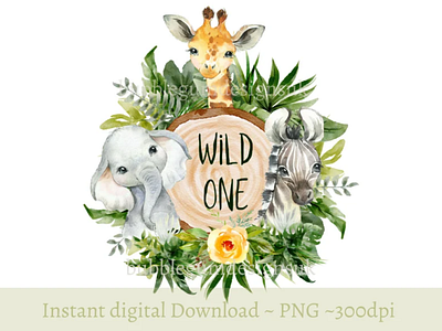 Wild One Baby Safari Animals Log Slice PNG