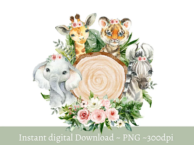 Baby Safari Animals Log Slice PNG