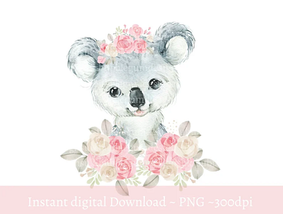 Baby Koala Bear Pink Floral PNG, Watercolor Koala Sublimation De 3d animation app branding design graphic design illustration logo ui vector