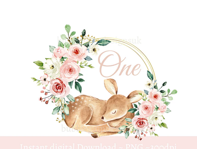 Baby Deer Pink Roses Wreath PNG, First Birthday Sublimation Desi 3d animation app branding design graphic design illustration logo ui vector