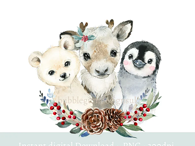 Baby Winter Animals PNG, Watercolor Baby Animals 3d animation app branding design graphic design illustration logo ui vector