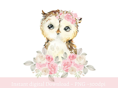 Baby OwlPink Floral PNG, Watercolor Cute Owl Sublimation Design 3d animation app branding design graphic design illustration logo ui vector