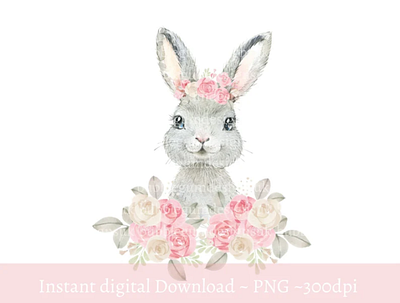 Grey Bunny Pink Floral PNG, Watercolor Easter Bunny Sublimation 3d animation app branding design graphic design illustration logo ui vector