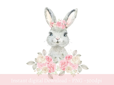 Grey Bunny Pink Floral PNG, Watercolor Easter Bunny Sublimation