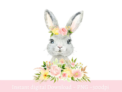 Grey Bunny Pink Yellow Floral PNG 3d animation app branding design graphic design illustration logo ui vector